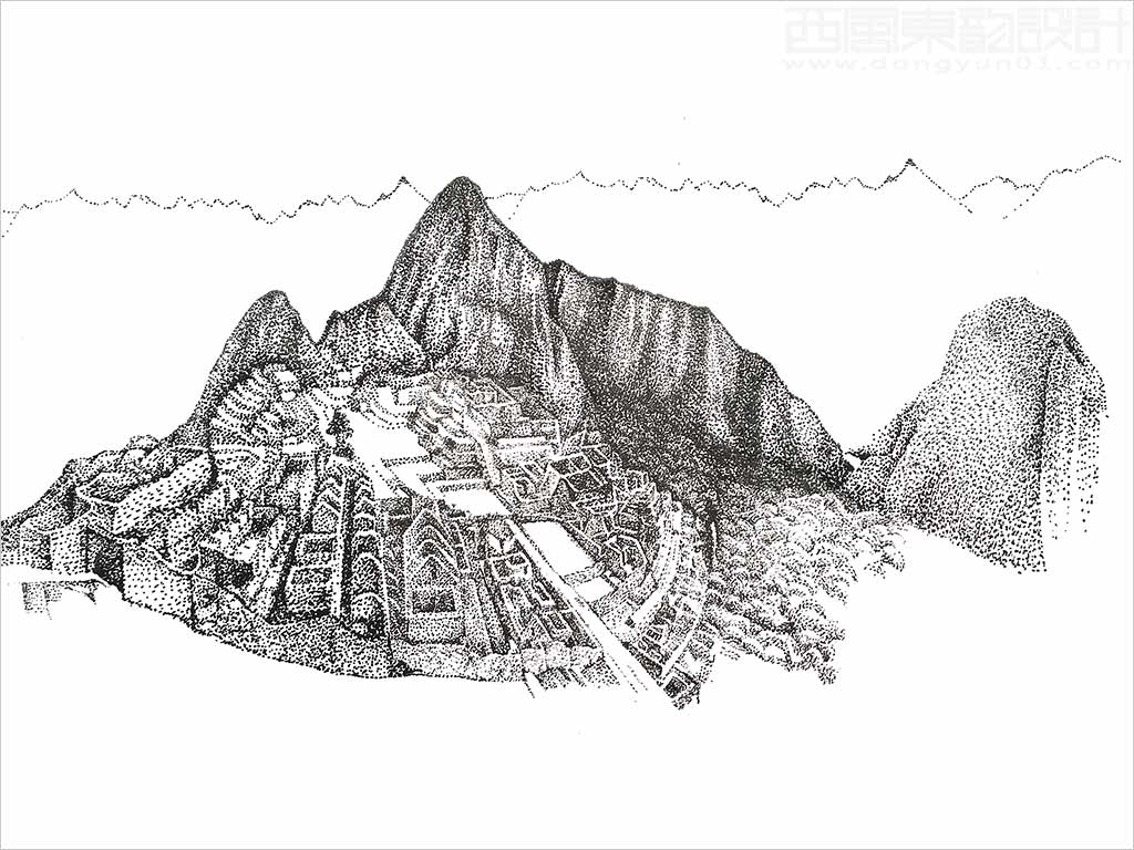 本草百年秘鲁玛卡包装设计核心元素---秘鲁安第斯山原创钢笔手绘插画设计