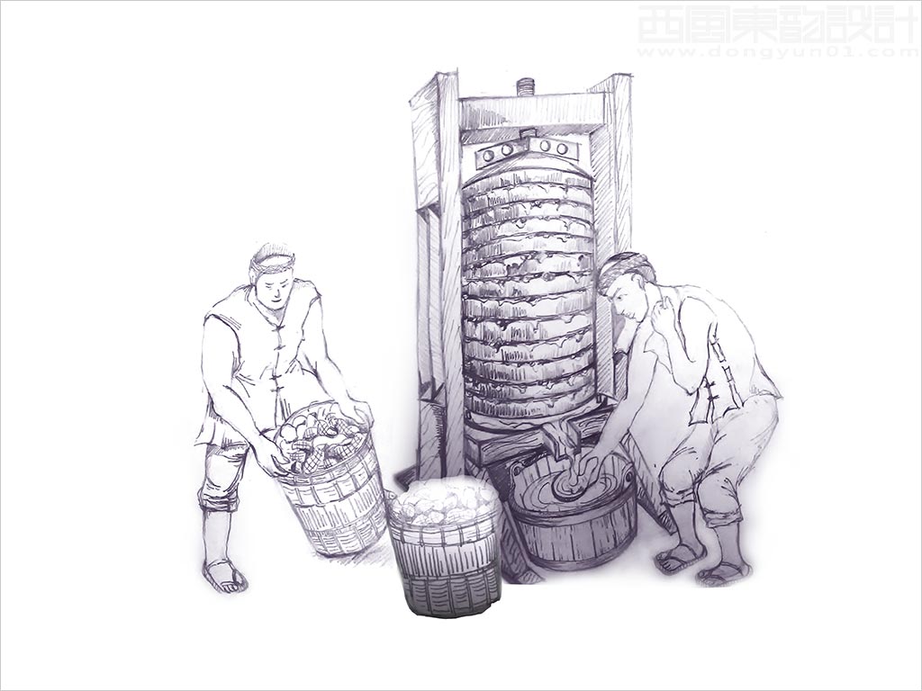 北京年粮食品有限公司压榨一级花生油包装设计核心元素压榨花生油场景手绘插画草图之二
