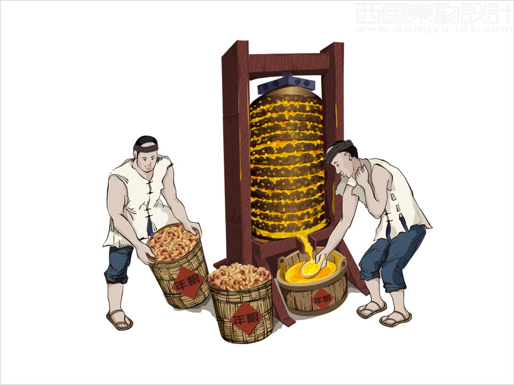 北京年粮食品有限公司压榨一级花生油包装设计核心元素压榨花生油场景手绘插画上色图