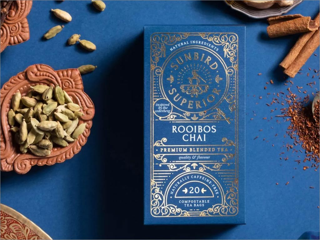 南非Sunbird Rooibos Tea优雅的茶叶包装设计之蓝色款