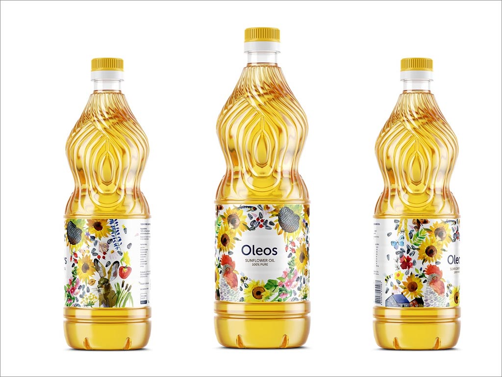 乌克兰手绘插画风格葵花籽食用油包装设计之3瓶组合展示