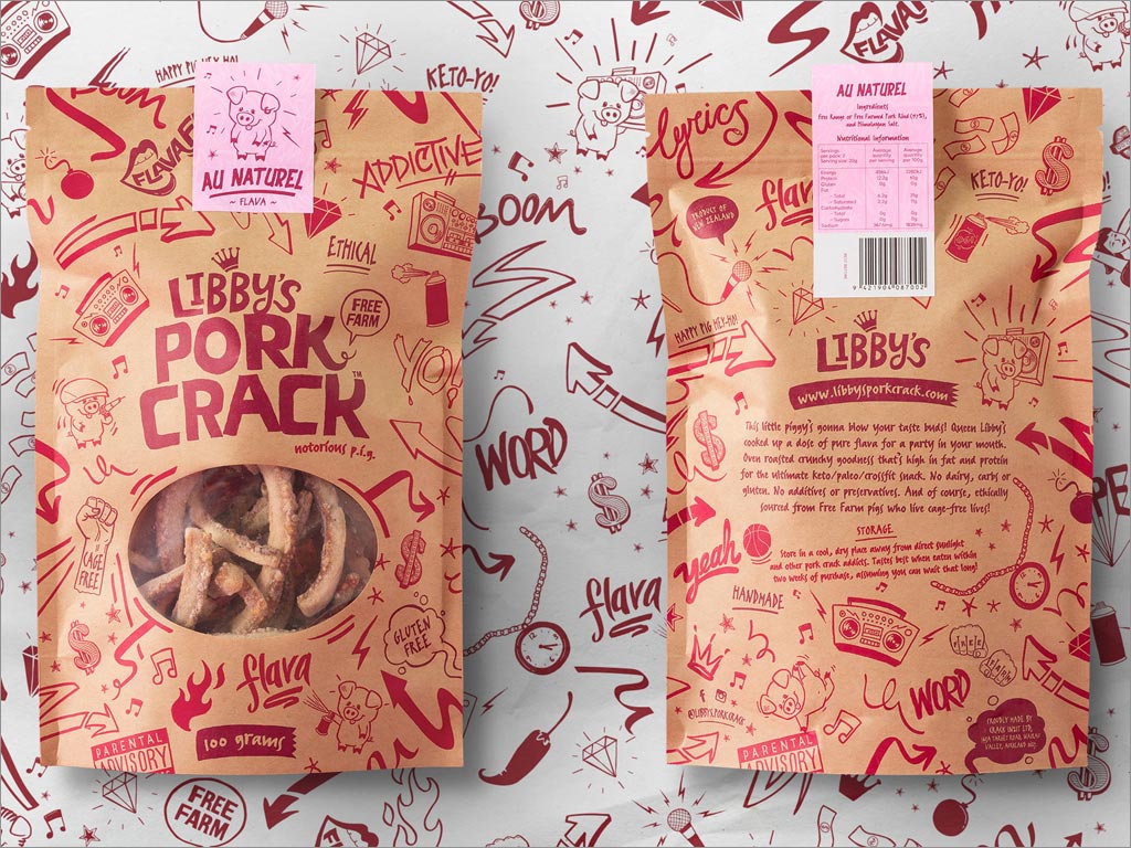 美国Libby's Pork Crack休闲食品包装袋设计之正面和背面展示
