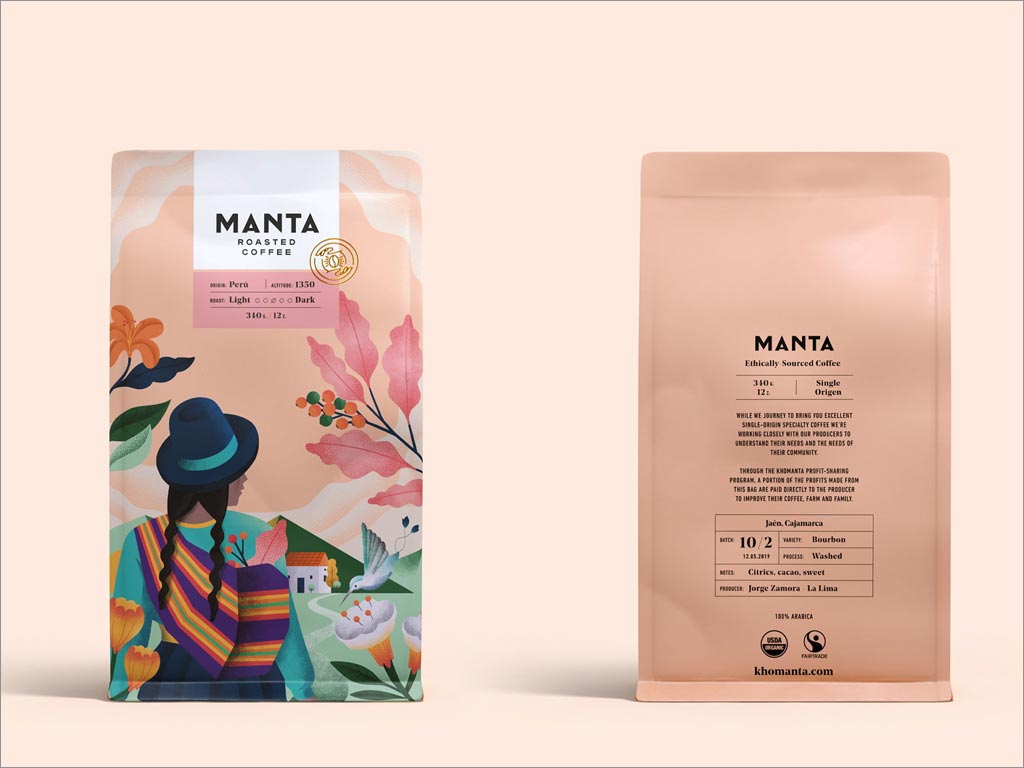 秘鲁Manta咖啡包装袋设计之正面和背面展示