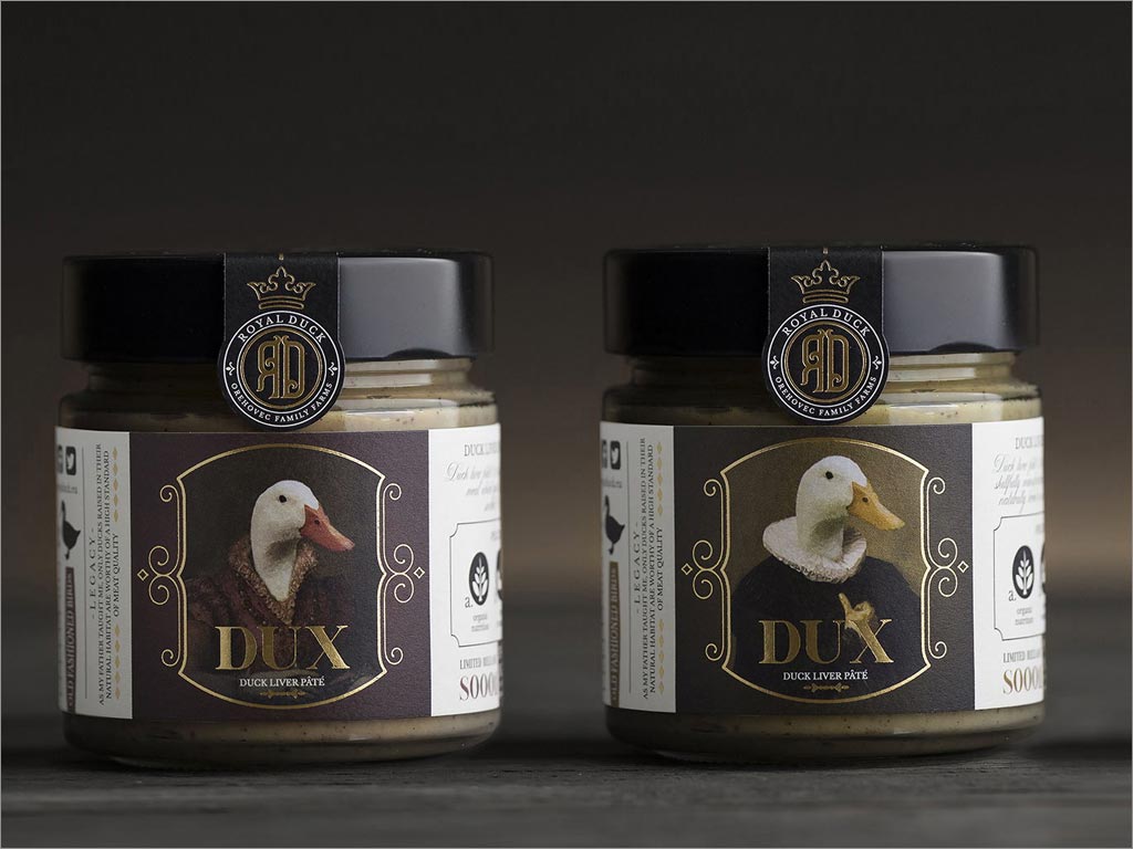 有皇家风格插图的Royal Duck鸭肝酱包装设计