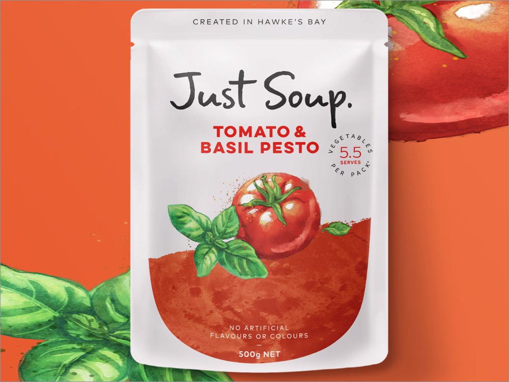 采用水彩插图的Just Soup西红柿养生汤包装设计
