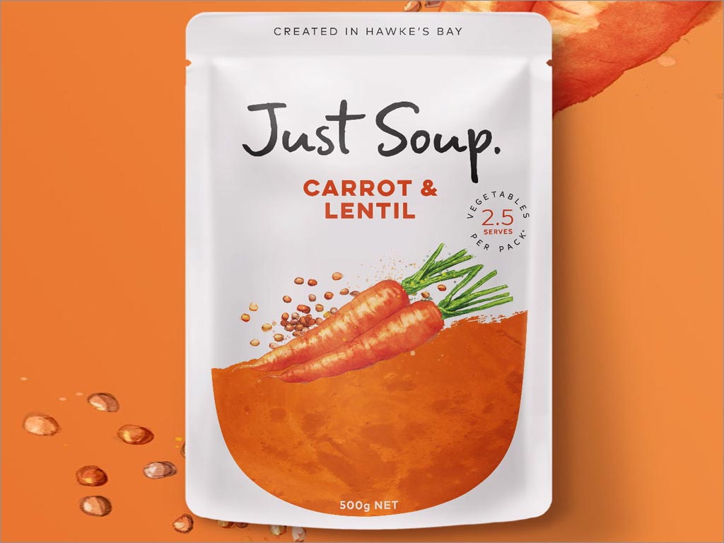 采用水彩插图的Just Soup胡萝卜扁豆果蔬养生汤包装设计
