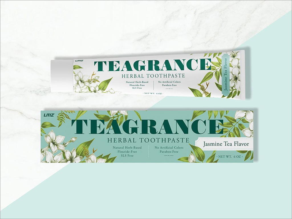 美国Teagrance茉莉花茶天然中草药牙膏外盒与管体包装设计