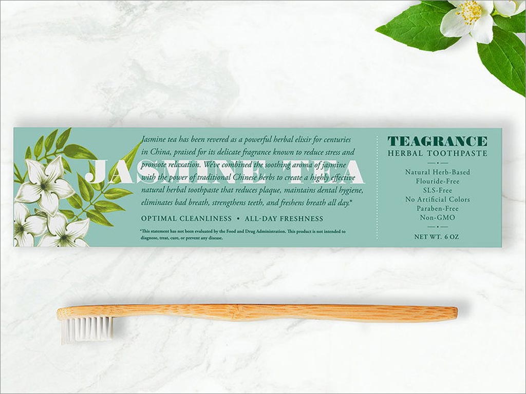美国Teagrance茉莉花茶天然中草药牙膏包装设计之外盒背面展示