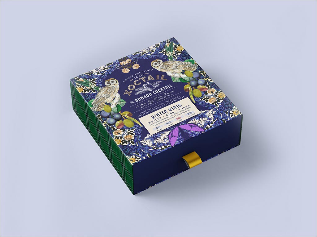 带有鸡尾酒基调的西班牙Xoctail巧克力包装盒设计