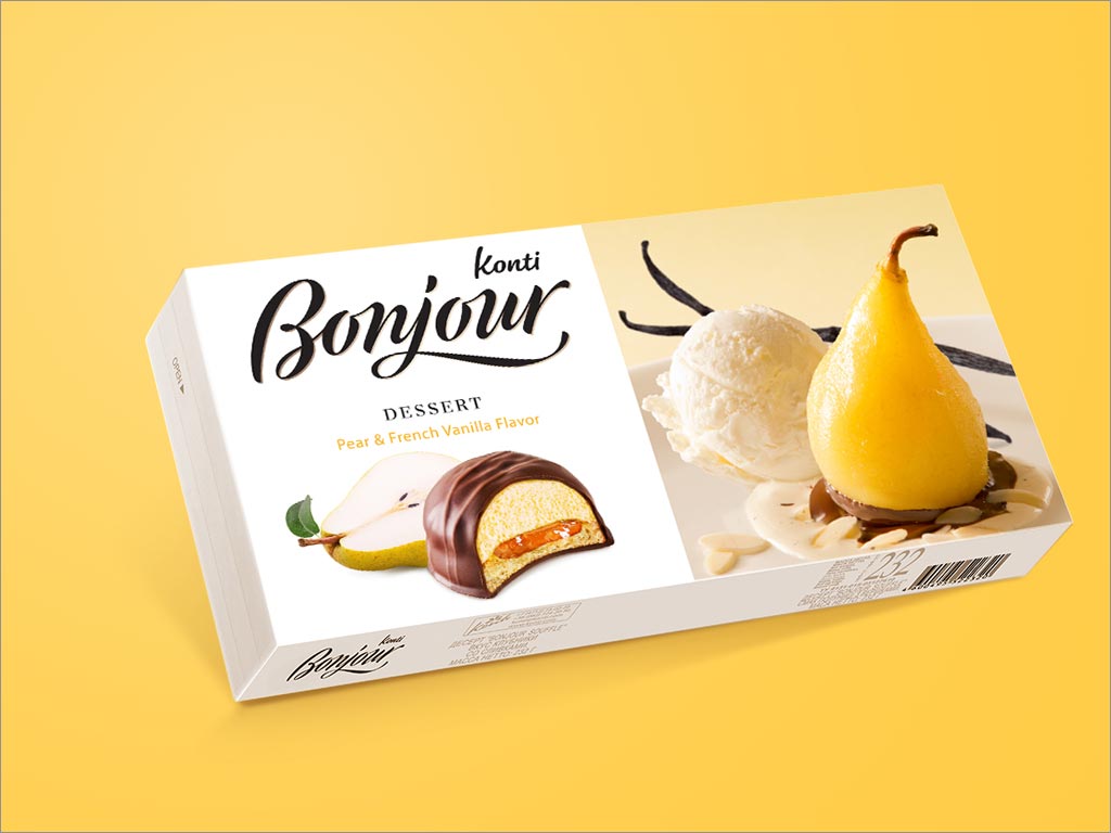 俄罗斯Bonjour雪梨味甜点食品包装盒设计
