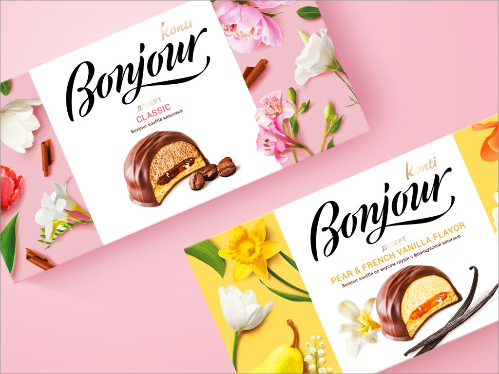 俄罗斯Bonjour巧克力味甜点食品包装盒设计