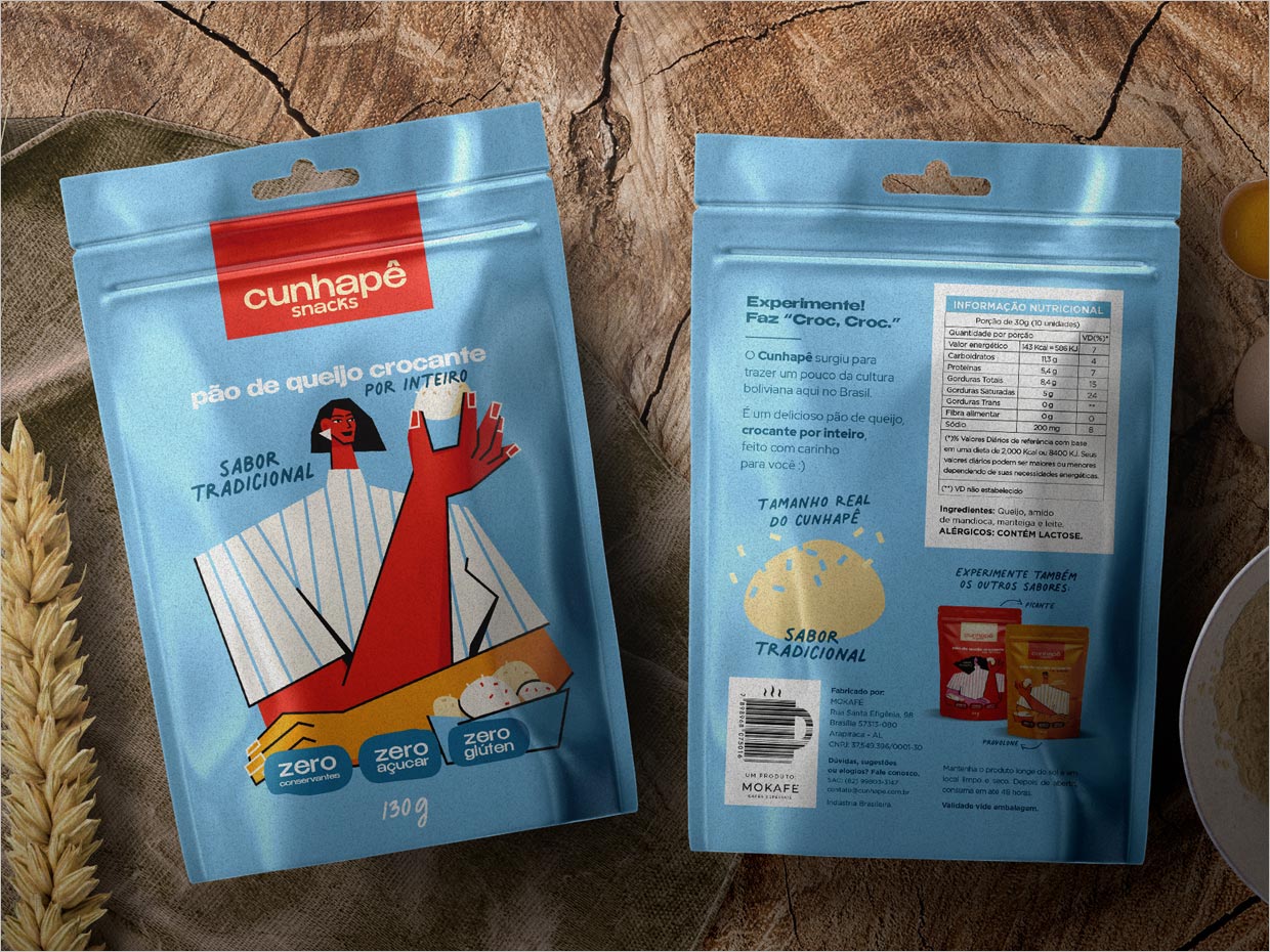 玻利维亚Cunhape奶酪面包零食小吃包装袋设计之正面与背面展示
