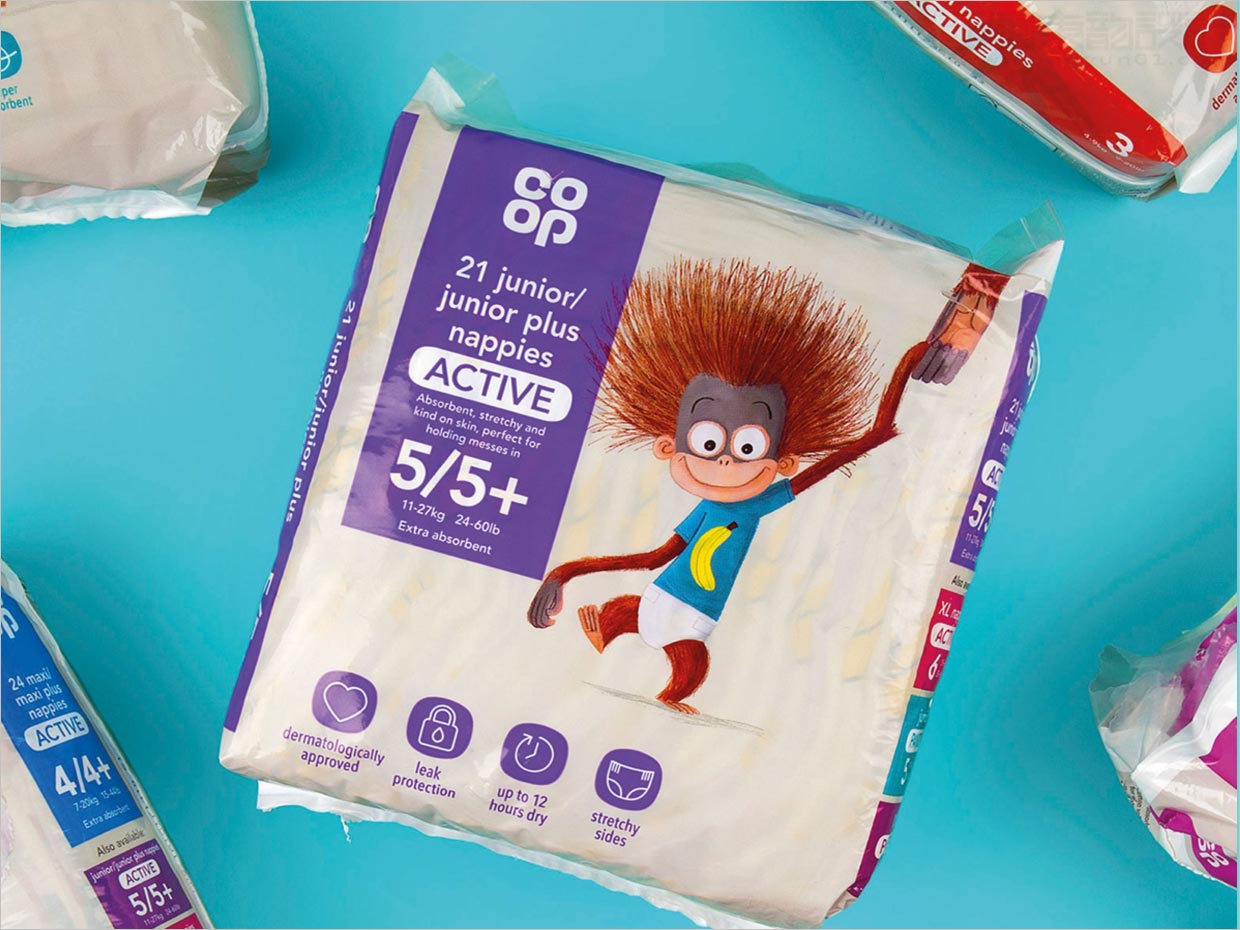 绘本风格插图的英国coop婴儿纸尿裤包装设计
